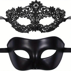 2pcs Elegant Black Lace Masquerade Mask Set for Couples