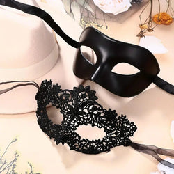 2pcs Elegant Black Lace Masquerade Mask Set for Couples